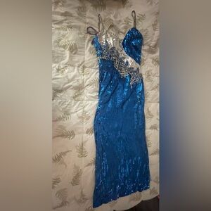 Blue Sequin Gown with Silver Embellishments